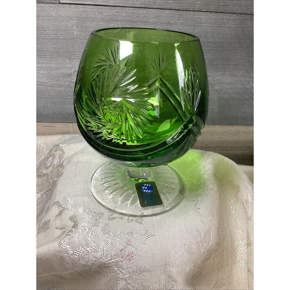 Vintage German Green Cut to Clear Crystal Brandy Glass Starburst Pattern W/ Tag
